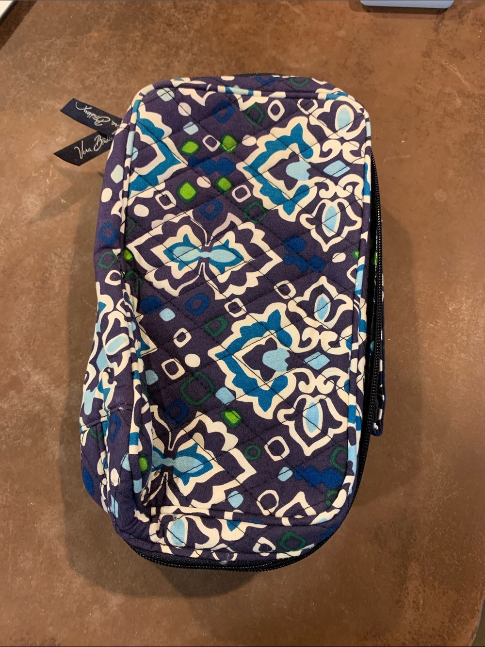 Vera Bradley Navy Blue Quilted Travel makeup cosmetics Pouch bag Aqua & Green